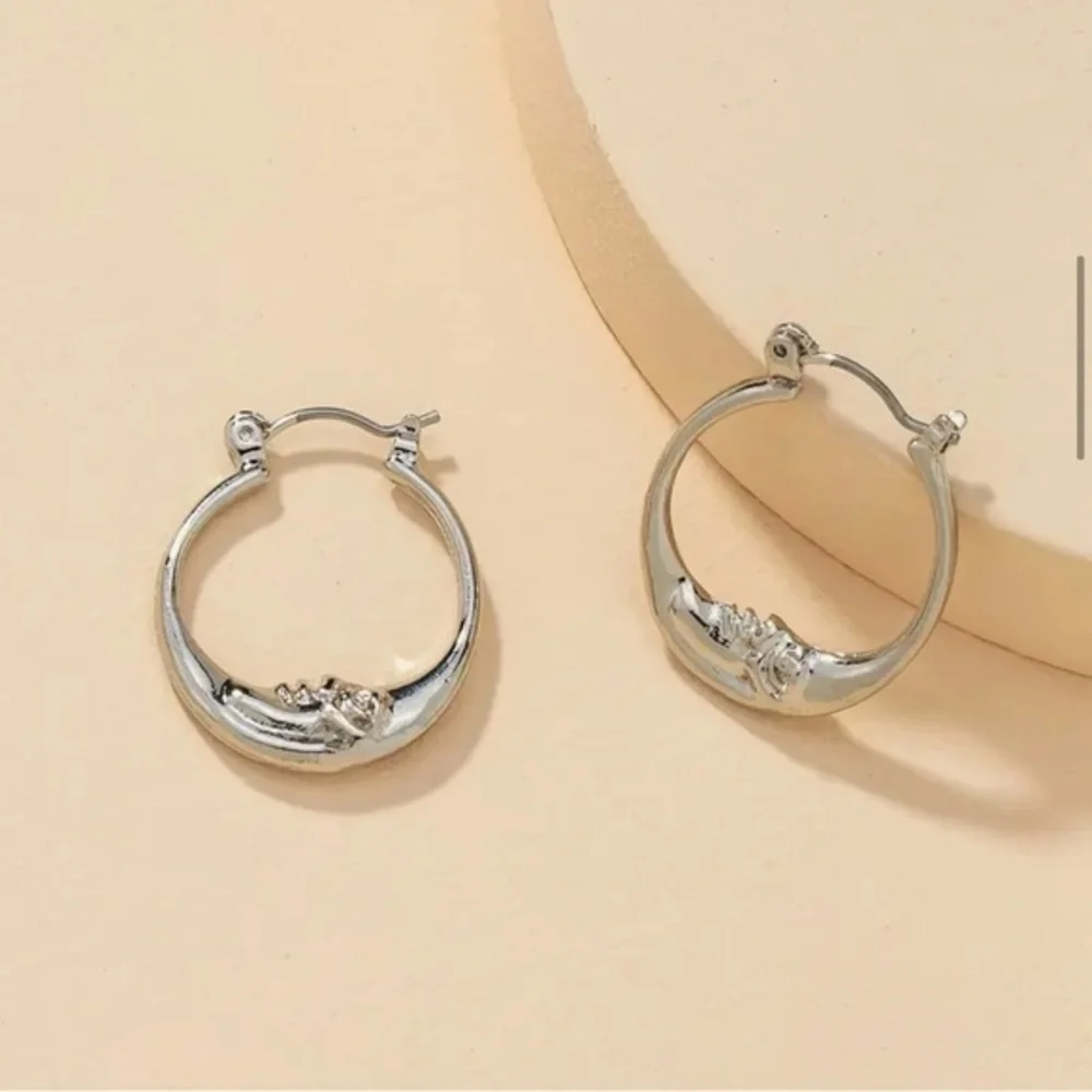Lunar Silver Hoop Earrings Crystal Accent Minimalist Everyday Style NWT